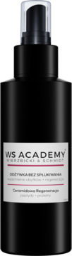 Czarna butelka odżywki WS Academy bez spłukiwania Ceramidowa Regeneracja z peptydami i proteinami, z pompką, widok z przodu.