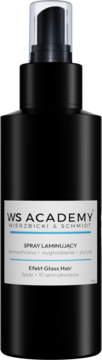 Czarna butelka sprayu WS ACADEMY: laminujący, termoochrona włosów, wygładzenie, efekt Glass Hair.