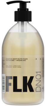 Szampon FLK DN01 Deep Nutrition, żółty płyn w półprzezroczystej butelce z czarną pompką. Odżywienie i miękkość, widok z przodu.