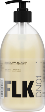 Szampon FLK Deep Nutrition w dużej przezroczystej butelce z czarną pompką, napis Odżywienie + Miękkość.