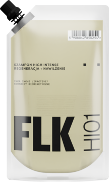 Szampon FLK HOI High Intense regeneracja i nawilżenie w beżowej saszetce z czarnym dozownikiem, widok z przodu.
