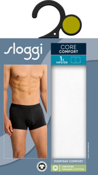 Opakowanie bielizny sloggi men Core Comfort Hipster z wieszakiem, czarne bokserki na modelu, bawełna bio.
