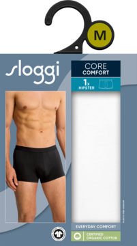 sloggi men Core Comfort hipster M w czarnym kolorze, widok opakowania z modelem. Bawełna organiczna dla wygody.