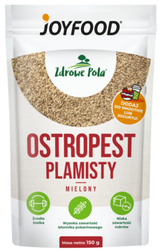 Joyfood Ostropest plamisty mielony, biała torebka, widok z przodu. Bogaty w białko i błonnik, niska zawartość cukru.
