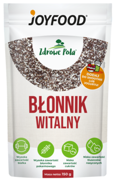 Joyfood Błonnik Witalny w białej torebce, z ziarnami, do smoothie/jogurtu, wysoka zaw. błonnika, widok z przodu.