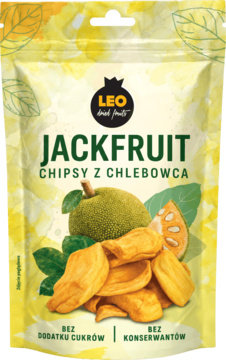 Front opakowania LEO Jackfruit Chipsy z chlebowca, żółte, z owocem i suszonymi chipsami, bez cukru.