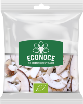Opakowanie organicznych płatków kokosowych Econoce. Widok z przodu, przezroczysta torba z biało-brązowymi płatkami, zielona etykieta BIO.