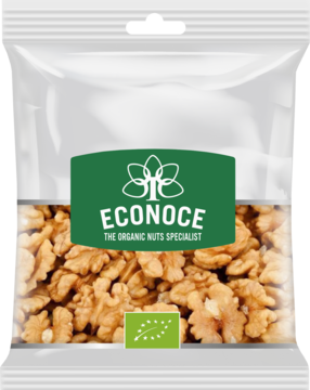 Orzechy włoskie łuskane organiczne Econoce w przezroczystej torebce, zielona etykieta, widok z przodu.