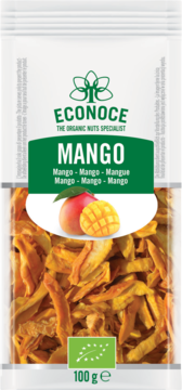 Przezroczyste opakowanie Econoce Organic Mango 100g z plasterkami suszonego owocu, zieloną etykietą, widok z przodu.