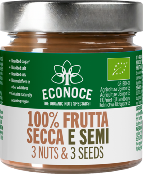 Słoik organicznego masła orzechowego ECONOCE 3 NUTS & 3 SEEDS, zielono-biała etykieta, widok z przodu.