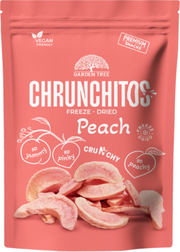 Różowa saszetka CHRUNCHITOS Freeze-Dried Peach. Wegańskie, chrupkie liofilizowane brzoskwinie, widok z przodu.