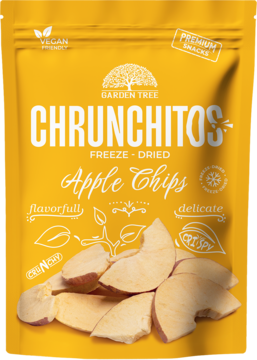 Żółta torebka Garden Tree Chrunchitos, liofilizowanych chipsów jabłkowych, z kawałkami jabłek na przodzie.
