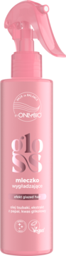 Różowe mleczko wygładzające ONE&BIO GLOSS do włosów z efektem glazed hair, butelka z atomizerem, widok z przodu.