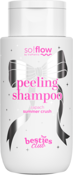 Szampon peelingujący so!flow Besties Club o zapachu summer crush, biała butelka ze srebrną kokardą, z przodu.