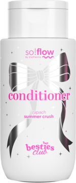 Biała butelka odżywki so!flow x Besties Club Conditioner, widok z przodu. Srebrna kokarda, gwiazdki i napis 'summer crush'.