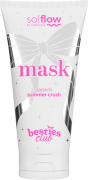 Maska do włosów so!flow x Besties Club Summer Crush w białej tubce ze srebrną kokardą i różowym napisem, widok z przodu.