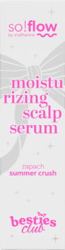 Różowa etykieta so!flow moisturizing scalp serum Besties Club, zapach summer crush, z szarą kokardą.