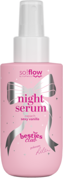 Różowe so!flow night serum sexy vanilla w butelce z atomizerem, srebrna kokardka i napis Besties Club by Lila.