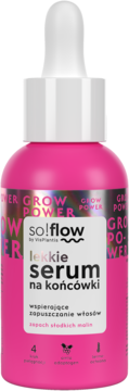 so!flow lekkie serum na końcówki w różowej butelce z białą pipetą, z napisem GROW POWER, zapach malin.