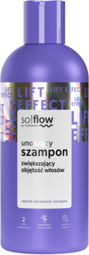 Fioletowy szampon so!flow LIFT EFFECT zwiększający objętość włosów, widok z przodu na czarnym tle.