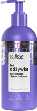 Fioletowa odżywka so!flow zwiększająca objętość włosów, z pompką, zapach winogron, widok z przodu.