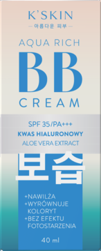 K'SKIN Aqua Rich BB Cream, SPF 35/PA+++ z kwasem hialuronowym, nawilża i wyrównuje koloryt, widok z przodu.