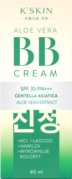 K'SKIN Aloe Vera BB Cream, beżowo-zielone opakowanie, Centella Asiatica, SPF 35, 40 ml. Widok z przodu.