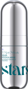 Metaliczna butelka serum molekularnego Stars do włosów łamliwych i kruchych, turkusowe napisy, widok z przodu.