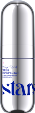 Srebrne serum bondingowe Stars do włosów zniszczonych, cylindryczna butelka z niebieskim napisem, widok z przodu.