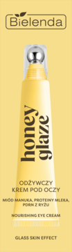 Bielenda Honey Glaze odżywczy krem pod oczy z miodem manuka. Żółta tubka z metalowym aplikatorem kulkowym.