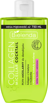 Bielenda Collagen Micellar Cocktail płyn micelarny 750 ml w jasnozielonej butelce, do skóry tłustej i mieszanej, widok z przodu.