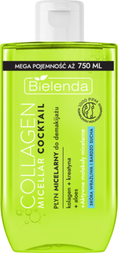 Bielenda Collagen Micellar Cocktail 750ml, zielona butelka, płyn micelarny z kolagenem i aloesem do skóry wrażliwej.
