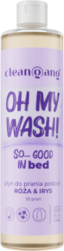 clean@ang płyn do prania 'OH MY WASH!' o zapachu Róża & Irys, w przezroczystej butelce z fioletową etykietą.