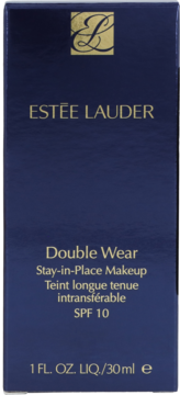 Długotrwały podkład Estée Lauder Double Wear, ciemnoniebieskie pudełko ze złotym napisem i SPF 10, widok z przodu.
