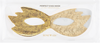 Złota maska płatkowa pod oczy Perfect Eyes Mask, liftingująca i nawilżająca, w przezroczystym opakowaniu, widok z przodu.