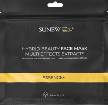 Czarna, odmładzająca maska w płachcie SUNEW med+ Hybrid Beauty Face Mask z esencją, z żółtym paskiem, widok z przodu.