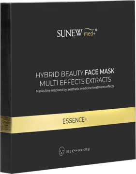 Czarne pudełko Sunew Med+ Hybrid Beauty Face Mask Essence+ z poziomym złotym paskiem, widok lekko z boku, odmładzająca maska w płachcie.