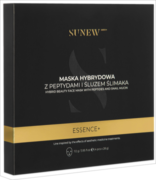 Czarne pudełko maski w płachcie SunewMed+ Hybrid Beauty z peptydami i śluzem ślimaka, złoty pasek Essence+.