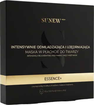 Czarne pudełko masek SunewMed+ Essence+ z złotymi napisami, intensywnie odmładzających i ujędrniających masek w płachcie.