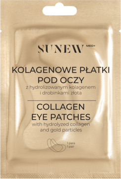 Złote opakowanie SUNEW Med+ Kolagenowe Płatki Pod Oczy z hydrolizowanym kolagenem i drobinkami złota, widok z przodu.