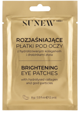 SUNEW MED+ rozjaśniające płatki pod oczy z hydrolizowanym kolagenem i złotem, złota saszetka, widok z przodu.