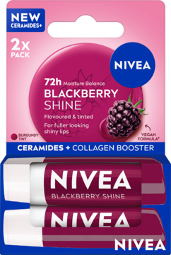 Dwupak NIVEA Blackberry Shine, balsam do ust z ceramidami i kolagenem, intensywny burgundowy odcień, widok z przodu.