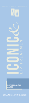 AA ICONIC LIP Treatment Natural Glow box, light blue with cream text: Collagen Amino Acids. Frontal view.