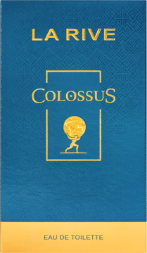 Granatowo-złote opakowanie LA RIVE COLOSSUS EAU DE TOILETTE, z geometrycznym wzorem i postacią Atlasa, widok z przodu.