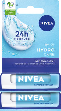 Zestaw pomadek NIVEA Hydro Care SPF15, nawilżające, z masłem shea. Opakowanie z grafiką wody, widok z przodu.