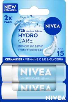 Zestaw 2 pomadek NIVEA Hydro Care SPF15 z ceramidami. Jasnoniebieskie opakowanie, widok z przodu.