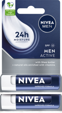 Ciemnoniebieskie opakowanie i dwie pomadki NIVEA MEN Active SPF 15 z 24h nawilżeniem dla ust.