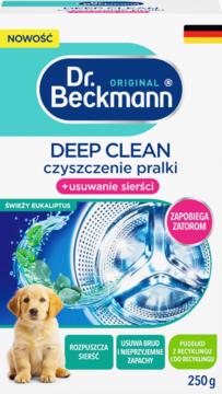 Biało-niebieski Dr. Beckmann Deep Clean czyszczący pralkę, usuwający sierść, z eukaliptusem i psem, 250g.