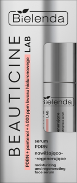 Bielenda BEAUTICINE LAB nawilżające serum, srebrne pudełko z butelką, widok z przodu.