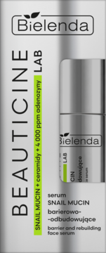 Bielenda Beauticine Lab Snail Mucin serum barierowo-odbudowujące, szare pudełko z zielonym pasem, front.